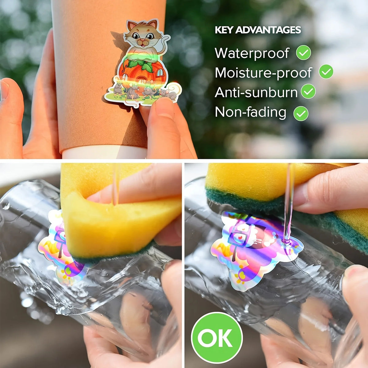 Close-up of a holographic rainbow sticker paper product being used to decorate a clear bottle.