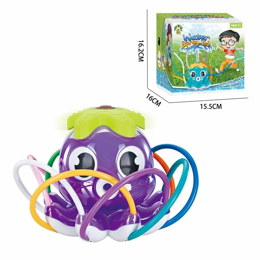 A purple octopus water spray sprinkler toy with green and blue accents for kids.