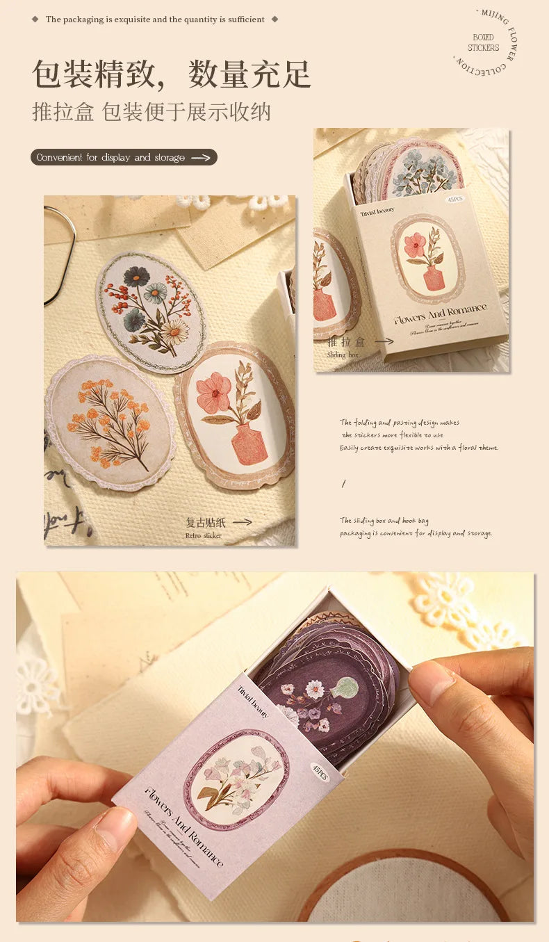 A hand holds a sheet of vintage floral stickers for scrapbooking and journaling on a light-colored background.