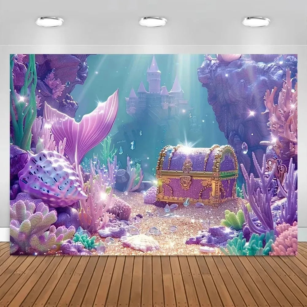 A fantasy backdrop featuring a purple castle, glowing sea flora, and sparkling underwater elements for a mermaid party.