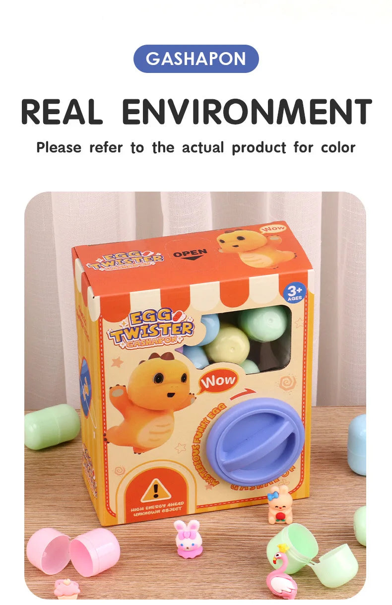 A box of Egg Twister surprise toys with various colored eggs and a small orange toy, displayed on a wooden surface.