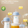 A set of baby bottles in light blue and yellow for different growth stages, including 150ml and 240ml sizes.