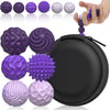 A collection of purple and lilac magnetic sensory fidget balls with silicone shells shown next to a black zippered pouch.