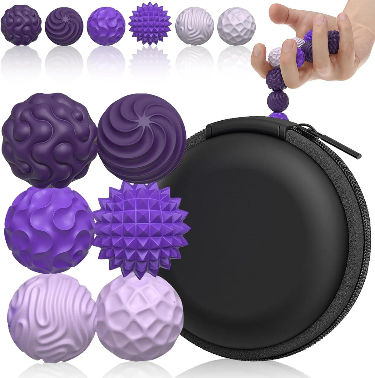 A collection of purple and lilac magnetic sensory fidget balls with silicone shells shown next to a black zippered pouch.