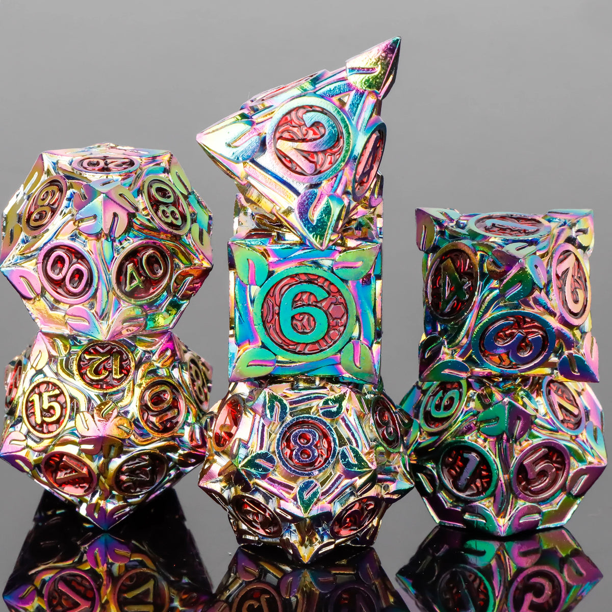A set of seven iridescent metal dice, including a pyramid and various polyhedral shapes, reflecting on a dark surface.