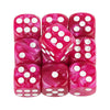 A set of ten marble effect acrylic D6 dice in a vibrant pink color.