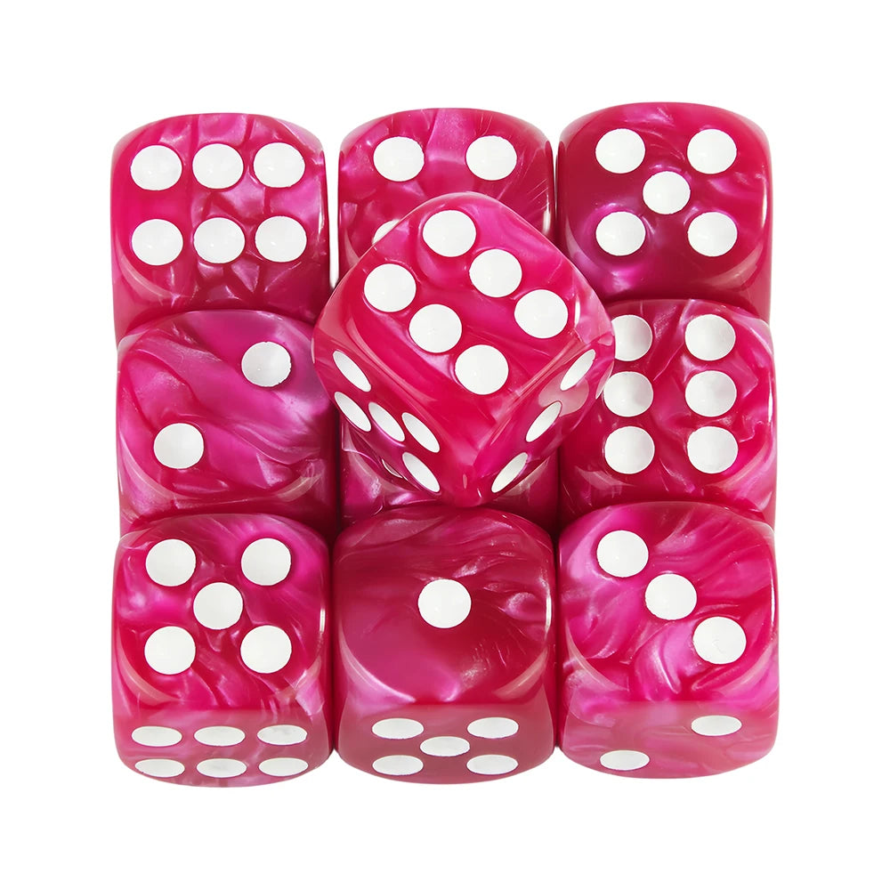 A set of ten marble effect acrylic D6 dice in a vibrant pink color.