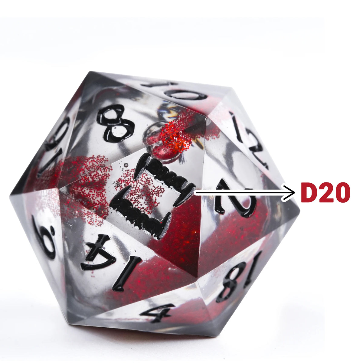 A translucent, faceted D20 polyhedral die with red resin inclusions, shown from an angled view.