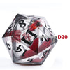 A clear resin D20 die with red glitter markings, showing the side labeled D20.