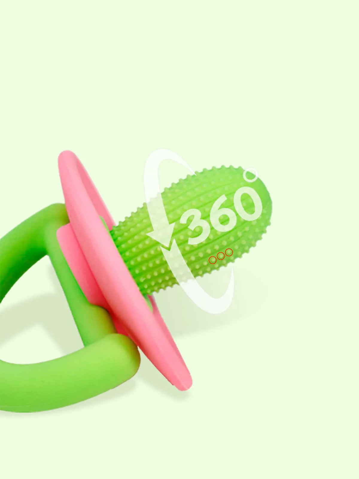 A silicone teething ring and pacifier tool in lime green and pink, shown with a 360-degree arrow icon.