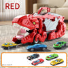 Red T-Rex car-eating dinosaur toy with inertia sliding and storage alongside other alloy cars