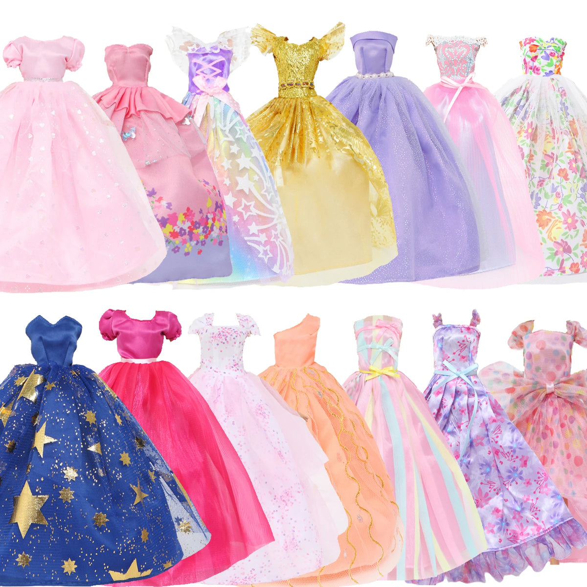 A collection of elegant evening gowns for dolls in various shades of pink, purple, and gold.