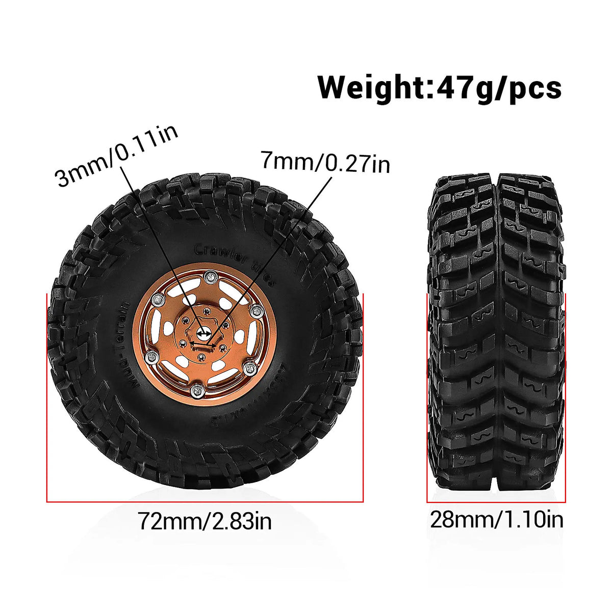 A close-up view of a black RC crawler wheel with a tread pattern and mounting hub, showing its dimensions.