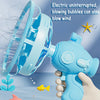 A hand holds a blue electric bubble machine blowing bubbles and wind against a light blue background.