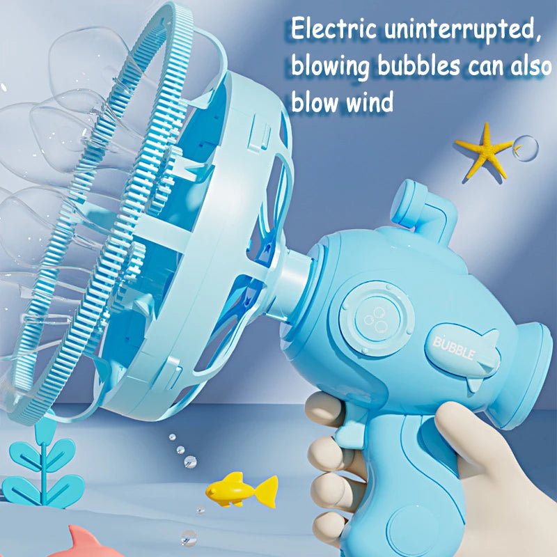 A hand holds a blue electric bubble machine blowing bubbles and wind against a light blue background.
