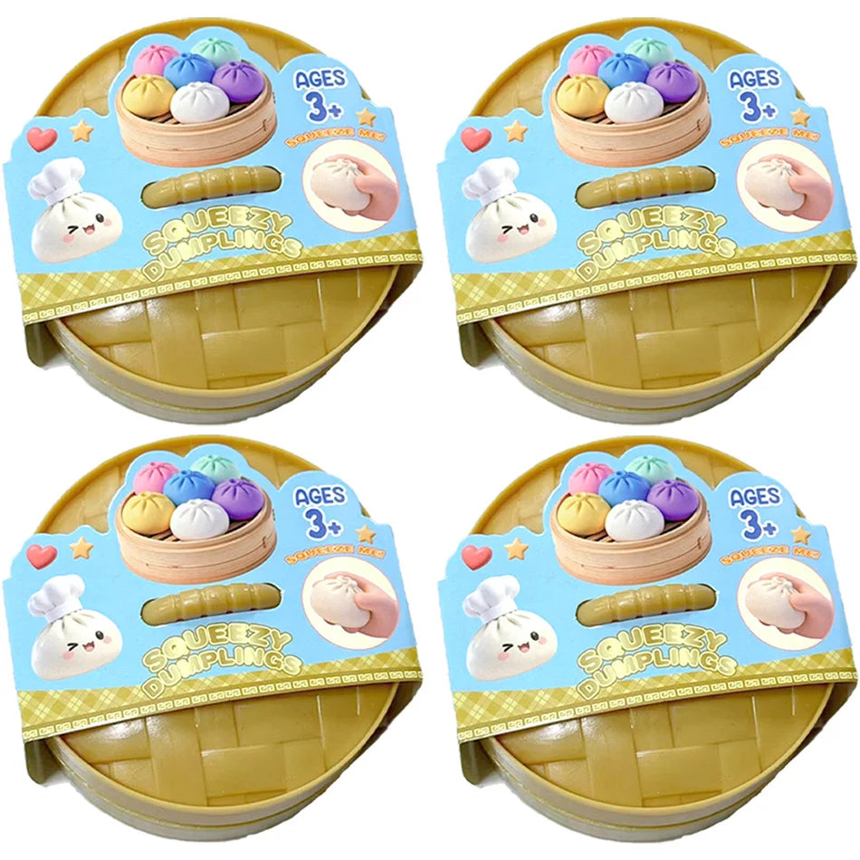 A set of colorful glitter dumpling squishy toys packaged in a yellow container with age recommendations.