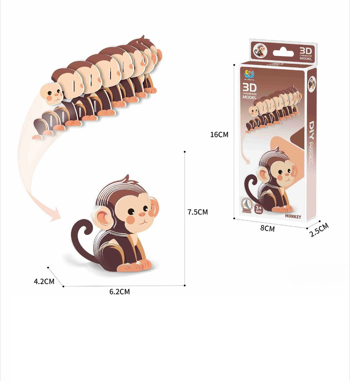 A set of 3D paper animal puzzles featuring a monkey and dinosaur models for kids' DIY craft toys.