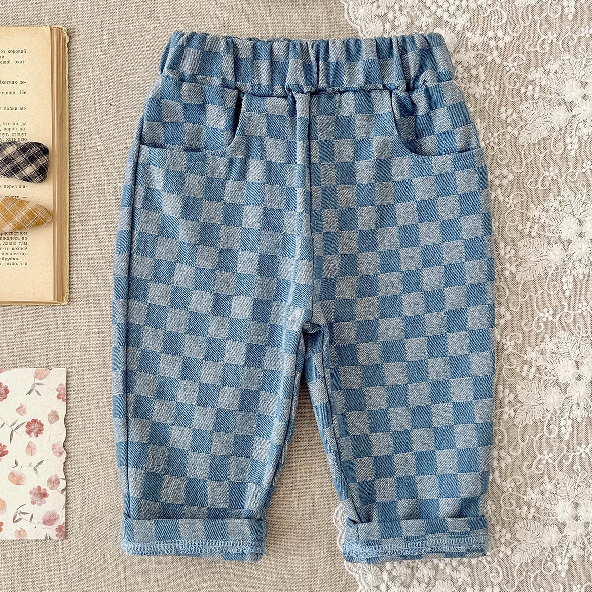 Blue and gray plaid corduroy pants for toddlers with elastic waist
