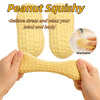 A yellow peanut squishy toy is shown being held by hands, with a close-up view demonstrating its texture and washability.