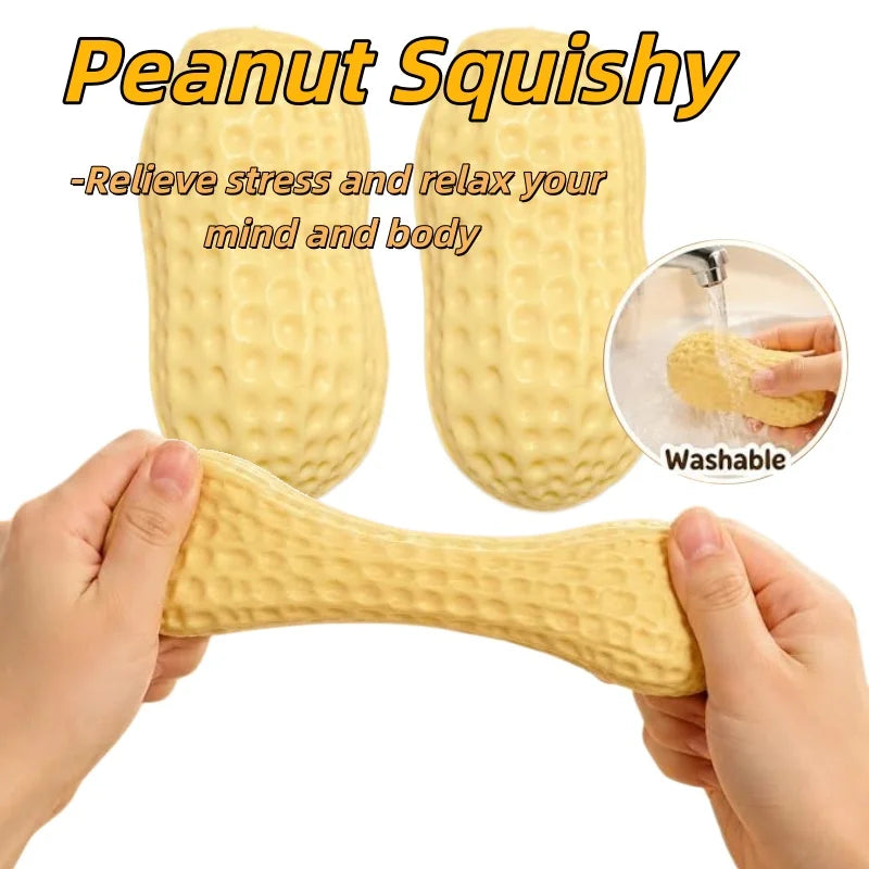 A yellow peanut squishy toy is shown being held by hands, with a close-up view demonstrating its texture and washability.