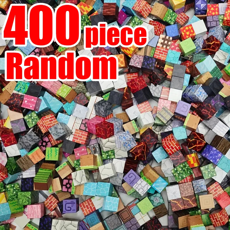 A pile of 400 random magnetic building cubes in various colors and patterns.