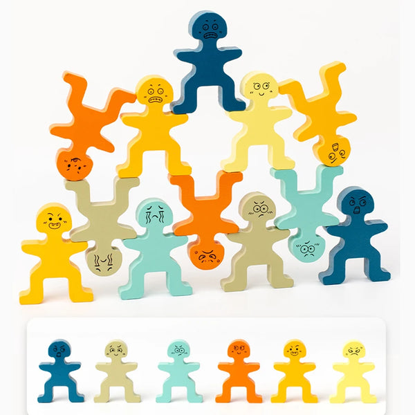 Un set de bloques de construcción de madera con forma de personas en varios colores como azul, amarillo, naranja y verde.