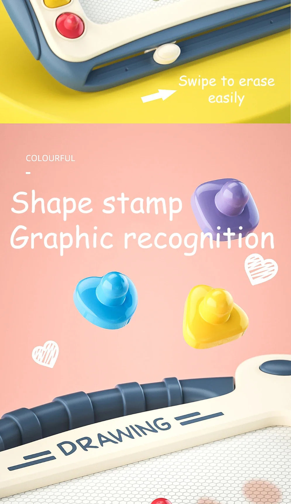 A colorful magnetic doodle drawing board with stamps and a stylus used for erasing and drawing.