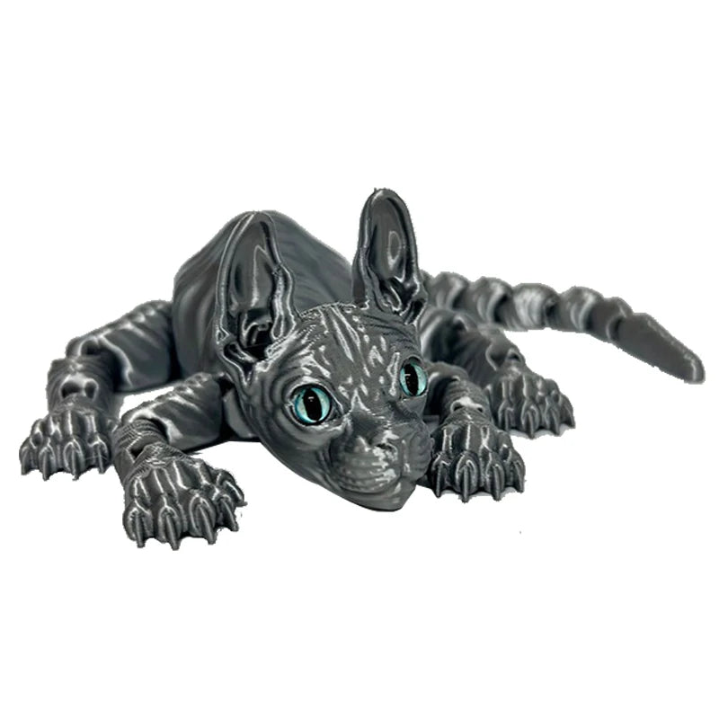 A dark gray articulated 3D printed figurine of a Sphynx cat with large blue eyes.