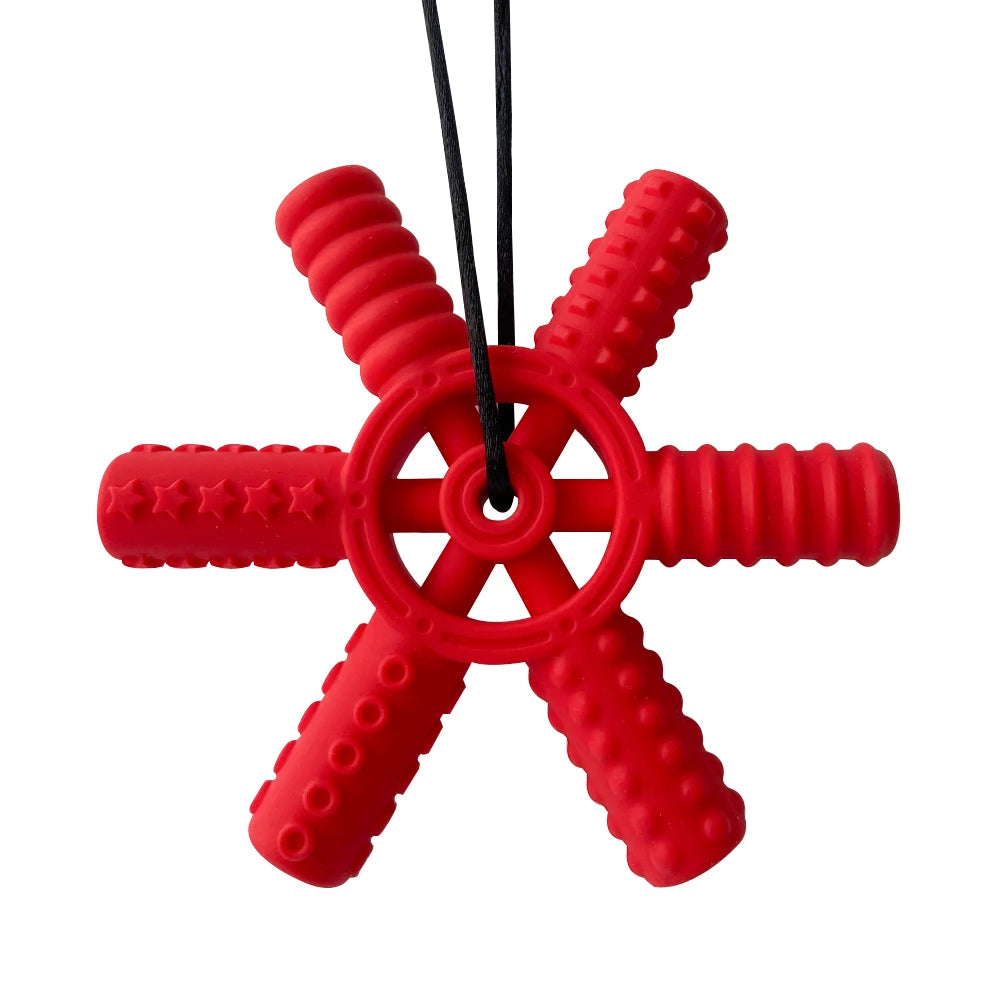 Red silicone steering wheel teether for babies and toddlers