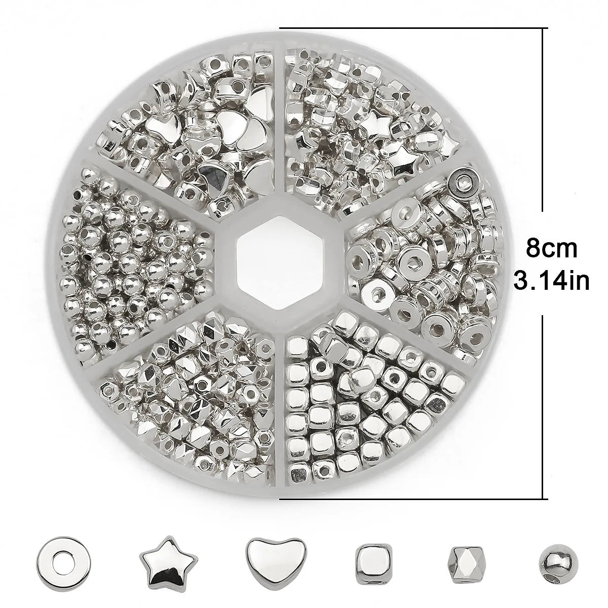 A circular plate of gold and silver plated beads for jewelry making with various shapes like round, star, heart, and square.