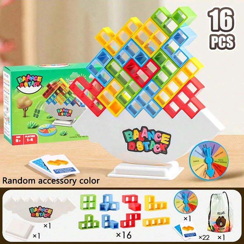A set of 16 plastic building blocks in various colors and shapes for creative play