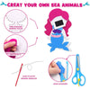 A felt sewing kit for creating sea animals, showing pre-punched holes, accessories, and plastic sewing needles and scissors.
