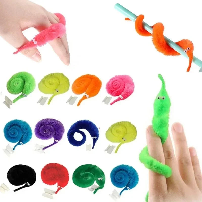 A set of magic worm toys on a string featuring various colors including pink, orange, green, purple, and black.