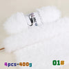 A bundle of white fluffy faux fur yarn with a black logo tag is shown.