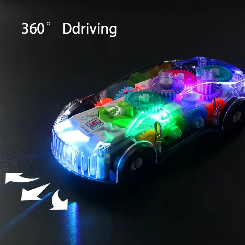 A transparent stunt car is shown rotating 360 degrees with colorful lights and gears.