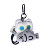 A cute plush black cat keychain with a white body and blue eyes attached to a black ring.