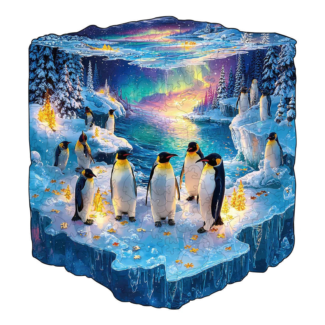 A puzzle depicting a winter landscape with penguins and ice formations under a colorful sky.