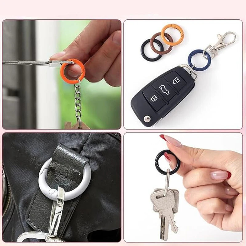 Close-up shots of colorful alloy snap hook keychain clips and a silver key on a black bag.