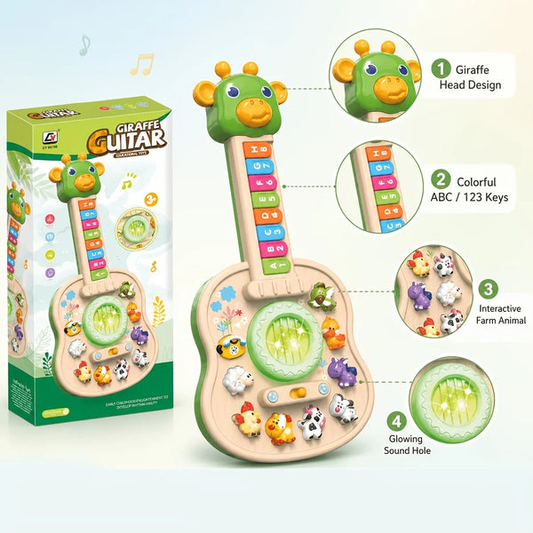A green educational animal sound guitar toy featuring a giraffe head design and glowing sound holes.