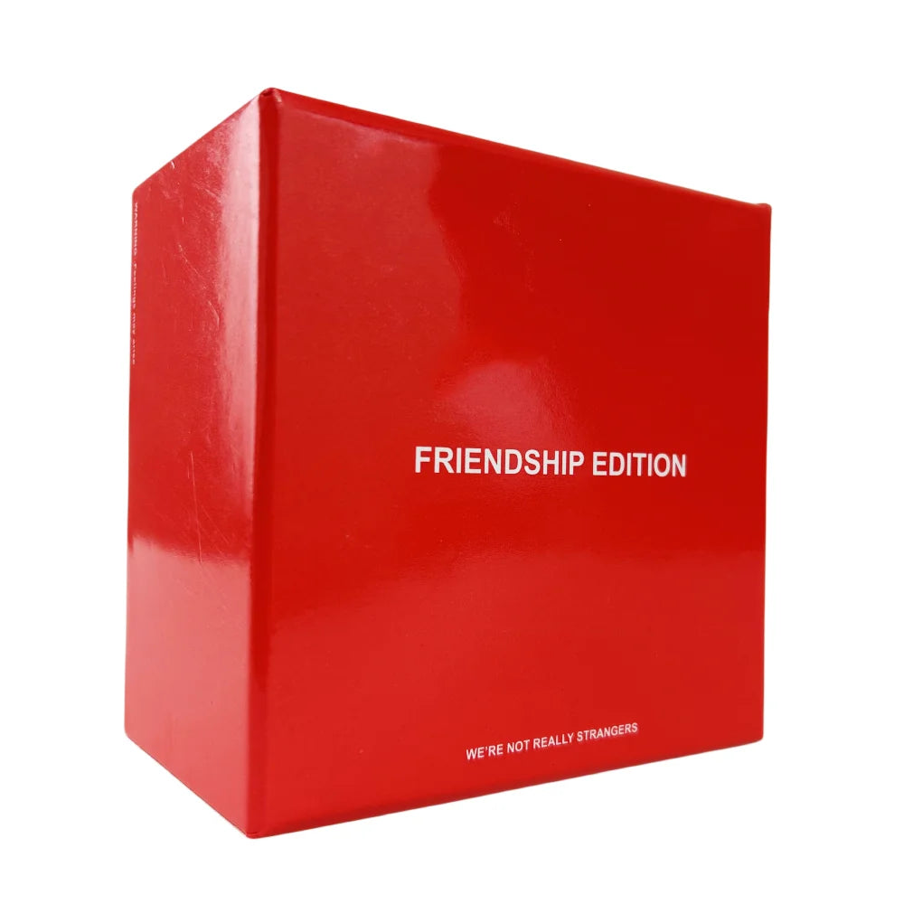 A red box for the Friendship Edition of the We're Not Really Strangers conversation card game.