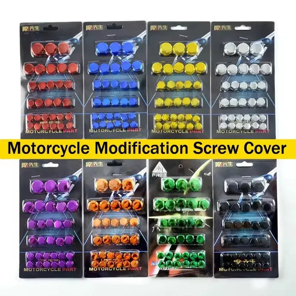 A collection of decorative motorcycle screw cap covers in various colors and styles packaged for modification.