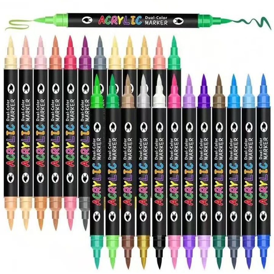 A set of dual-color acrylic markers with various tips and colors for art and crafts.