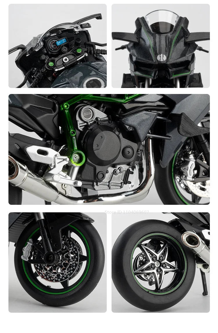 A diecast sport motorcycle model showing various angles of the engine, bodywork, exhaust, and wheels.