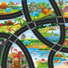A die-cast construction truck set featuring dinosaurs and various jungle animals on a black road track.