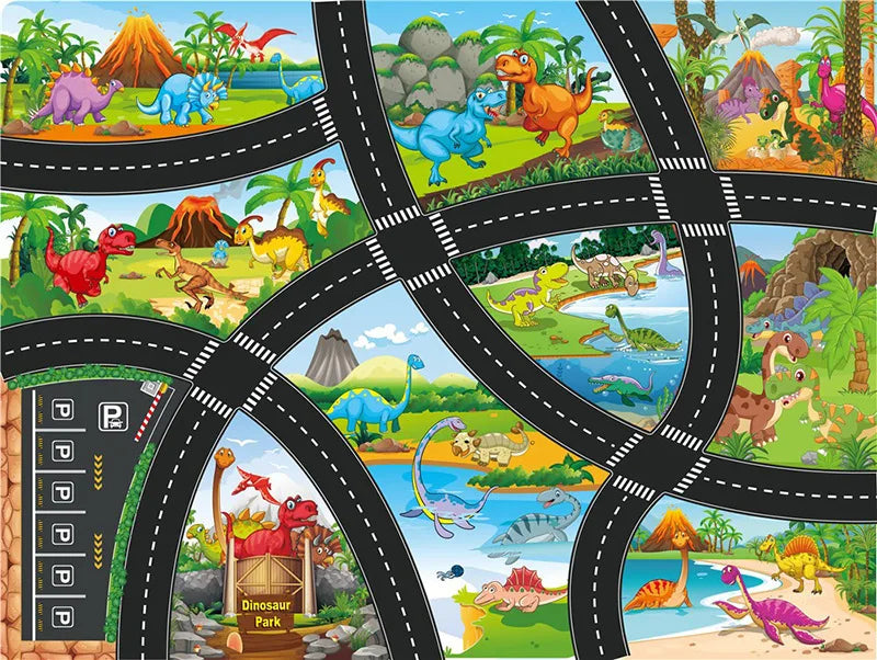 A die-cast construction truck set featuring dinosaurs and various jungle animals on a black road track.