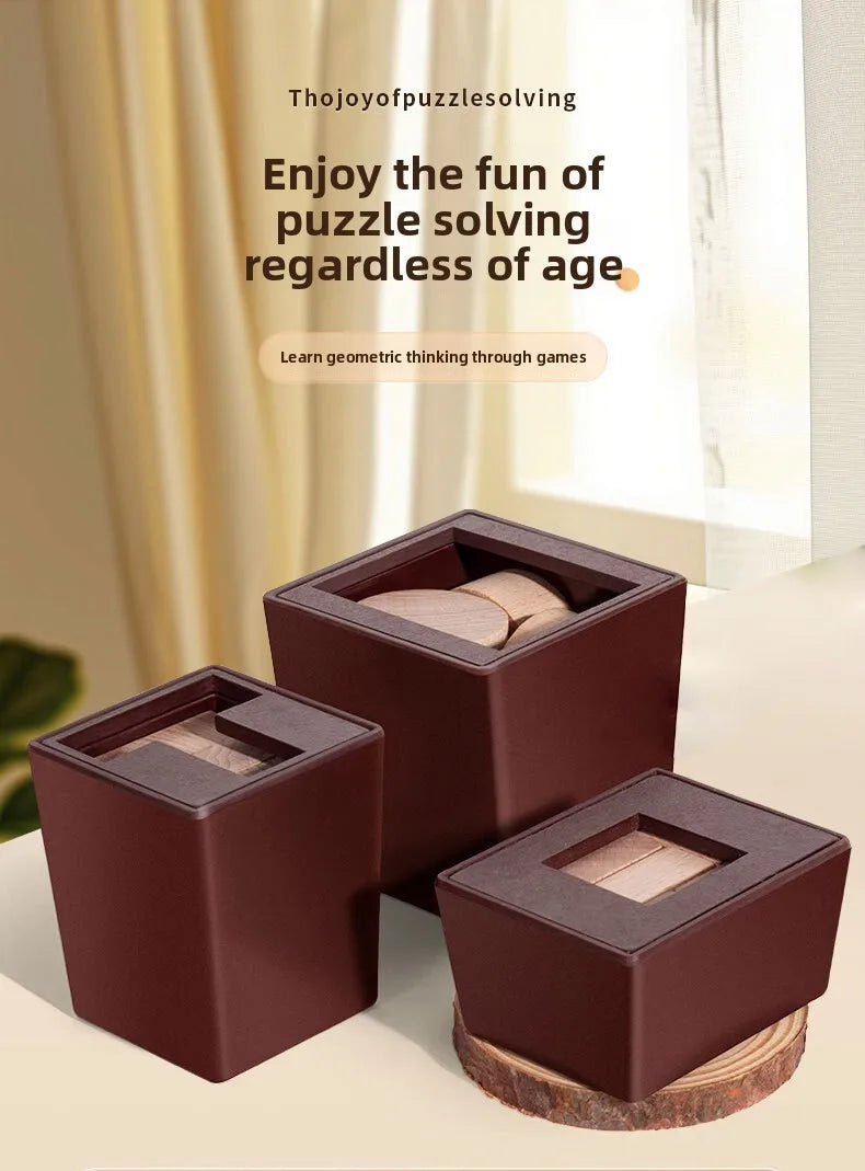 A set of dark brown wooden magic boxes containing puzzle pieces for a 3D block challenge.