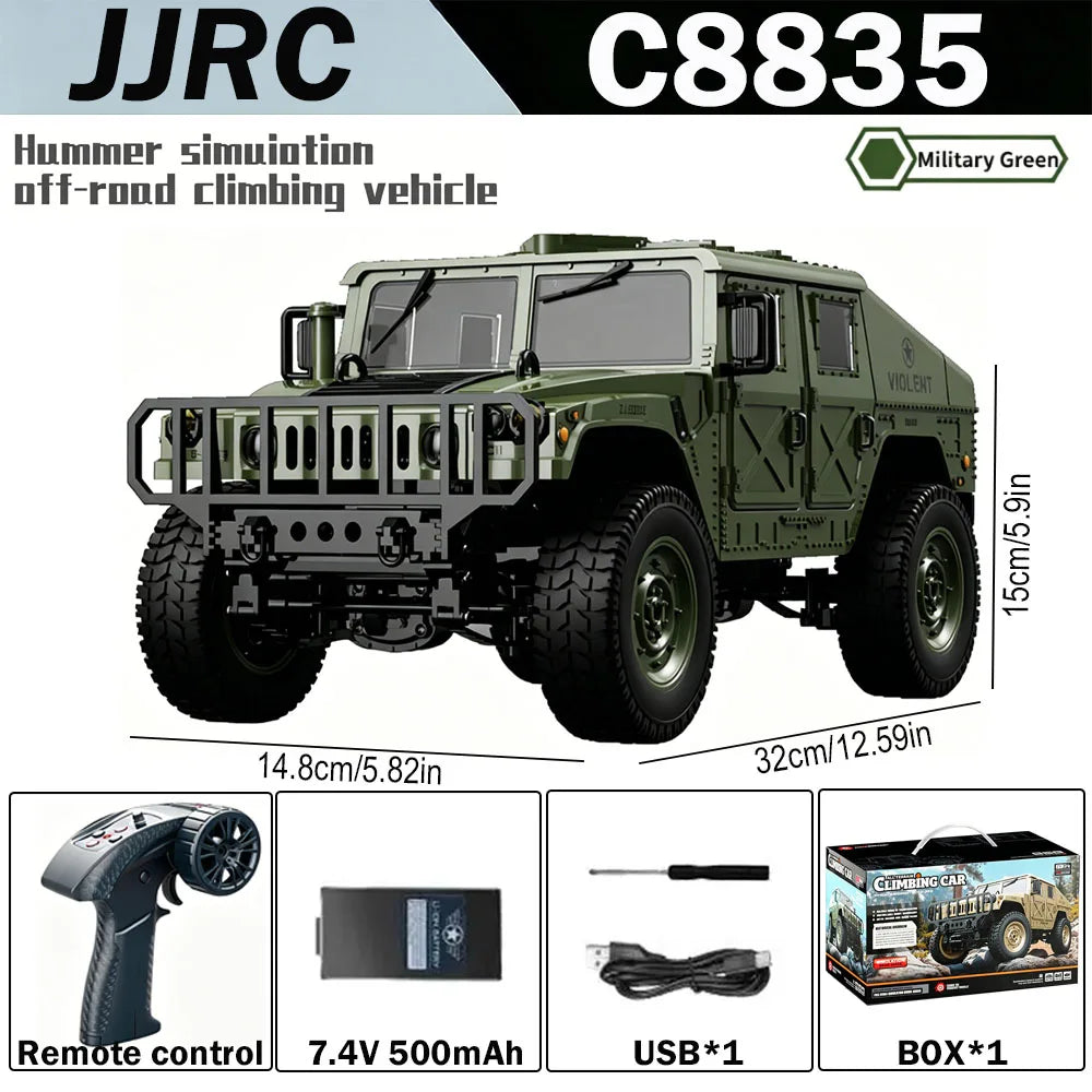 A military green 1:12 scale RC off-road climbing vehicle with a remote control and accessories.