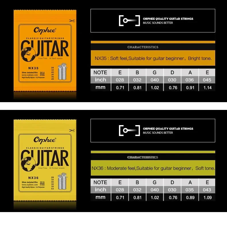 Orphee classic guitar strings showing specifications for NX35 and NX36 gauges