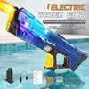 A yellow and blue electric water gun is shown firing a stream of water in a swimming pool setting.