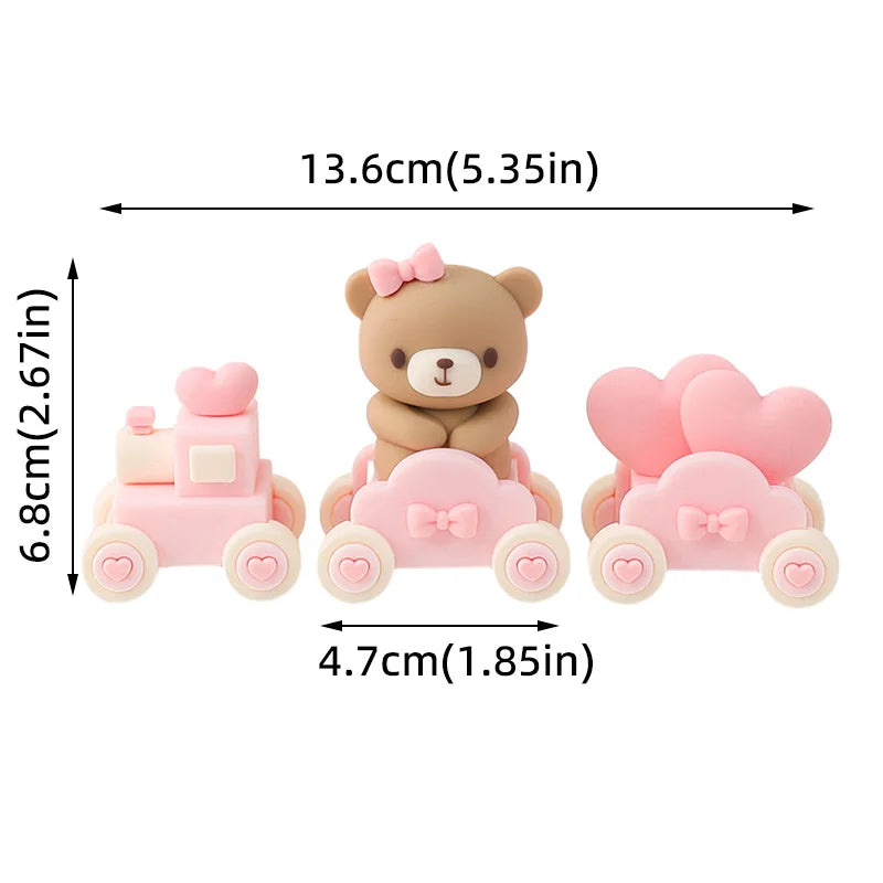 A set of pink 3D bear cake toppers featuring a bear figure and heart shapes for birthday or baby shower decorations.